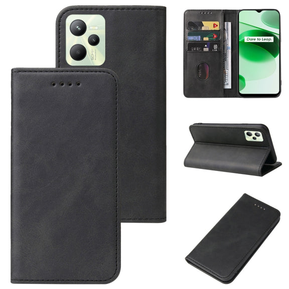 For Realme C35 Magnetic Closure Leather Phone Case(Black)