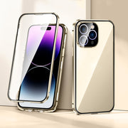 For iPhone 14 Pro Max Magnetic Double-buckle HD Tempered Glass Phone Case (Gold)
