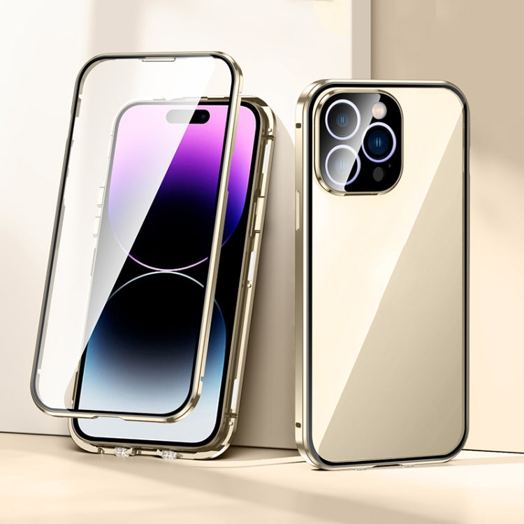 For iPhone 14 Pro Max Magnetic Double-buckle HD Tempered Glass Phone Case (Gold)
