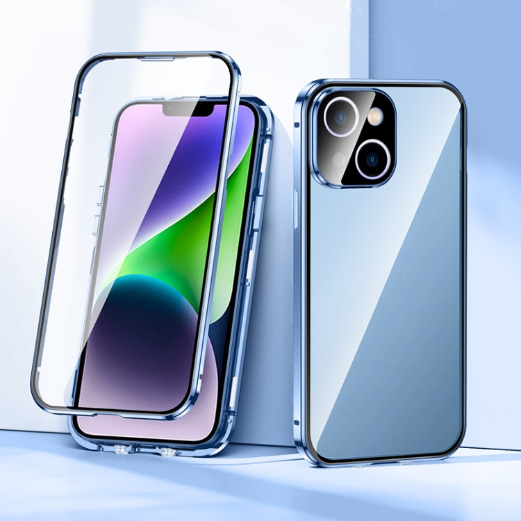For iPhone 14 Magnetic Double-buckle HD Tempered Glass Phone Case (Blue)