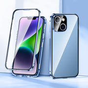 For iPhone 14 Magnetic Double-buckle HD Tempered Glass Phone Case (Blue)