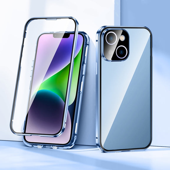 For iPhone 14 Magnetic Double-buckle HD Tempered Glass Phone Case (Blue)