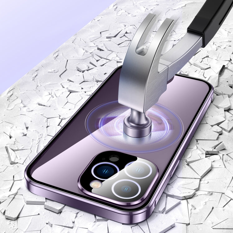 For iPhone 14 Magnetic Double-buckle HD Tempered Glass Phone Case (Blue)
