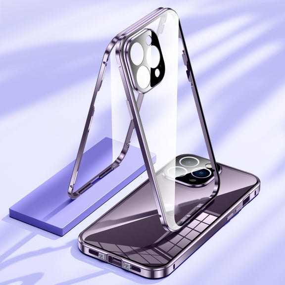 For iPhone 14 Magnetic Double-buckle HD Tempered Glass Phone Case (Blue)