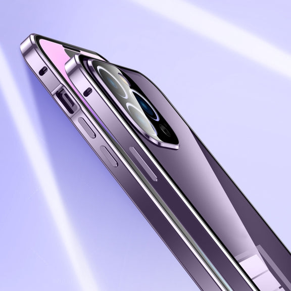 For iPhone 14 Magnetic Double-buckle HD Tempered Glass Phone Case (Blue)