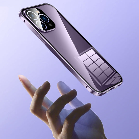For iPhone 14 Magnetic Double-buckle HD Tempered Glass Phone Case (Blue)