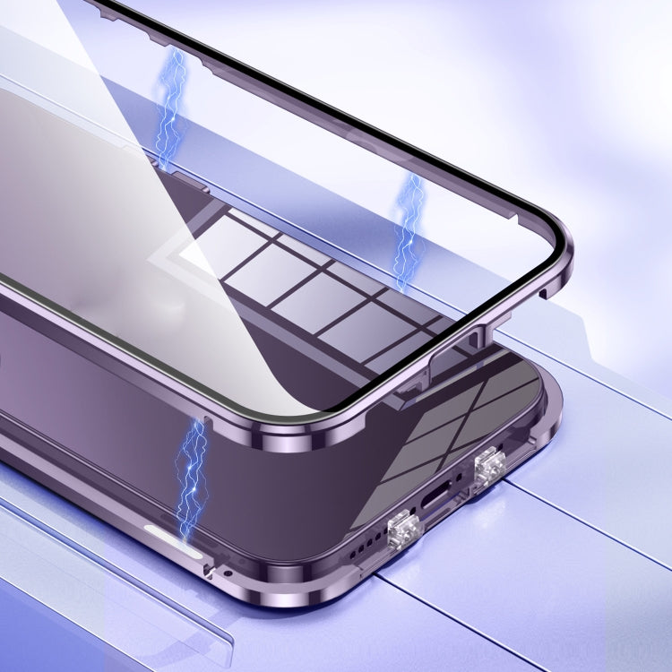 For iPhone 14 Magnetic Double-buckle HD Tempered Glass Phone Case (Blue)