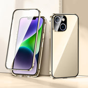 For iPhone 14 Plus Magnetic Double-buckle HD Tempered Glass Phone Case (Gold)