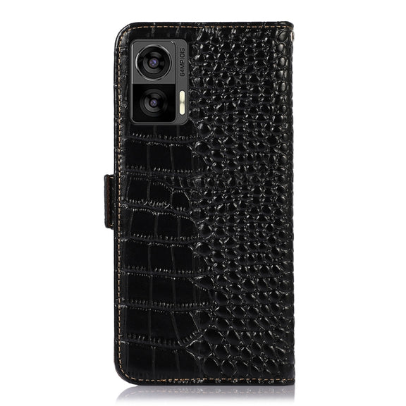 For Motorola Edge 30 Lite / Edge 30 Neo Crocodile Top Layer Cowhide Leather Phone Case(Black)