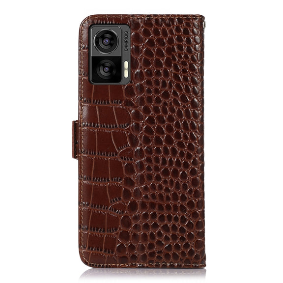 For Motorola Edge 30 Lite / Edge 30 Neo Crocodile Top Layer Cowhide Leather Phone Case(Brown)