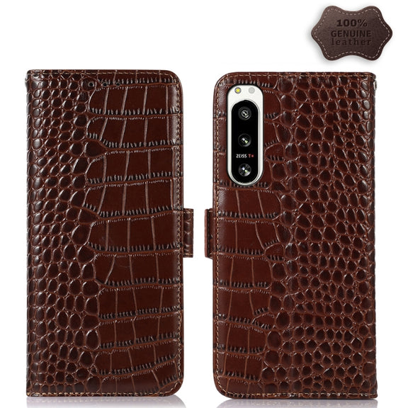 For Sony Xperia 5 IV Crocodile Top Layer Cowhide Leather Phone Case(Brown)