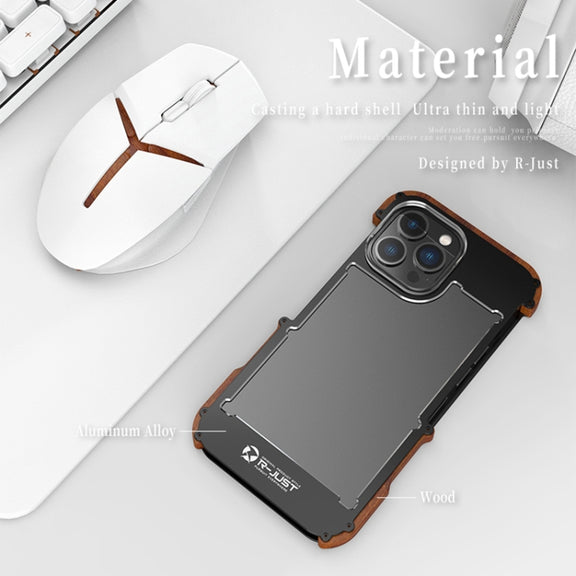 For iPhone 14 Pro R-JUST Ironwood Generation Metal + Wood Phone Case