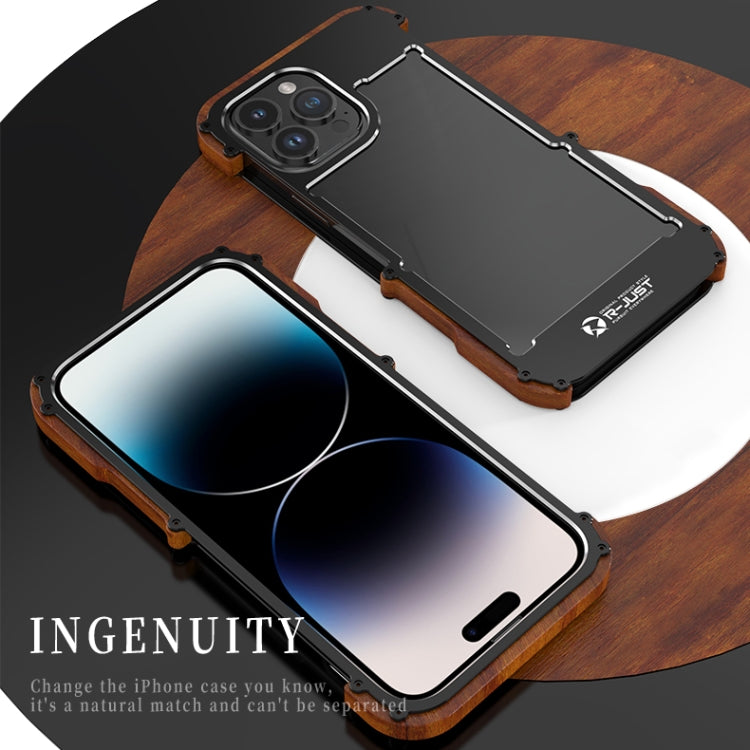 For iPhone 14 Pro R-JUST Ironwood Generation Metal + Wood Phone Case