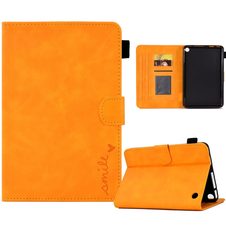 For Amazon Kindle Fire 7 2022 Embossed Smile Flip Tablet Leather Case(Khaki)