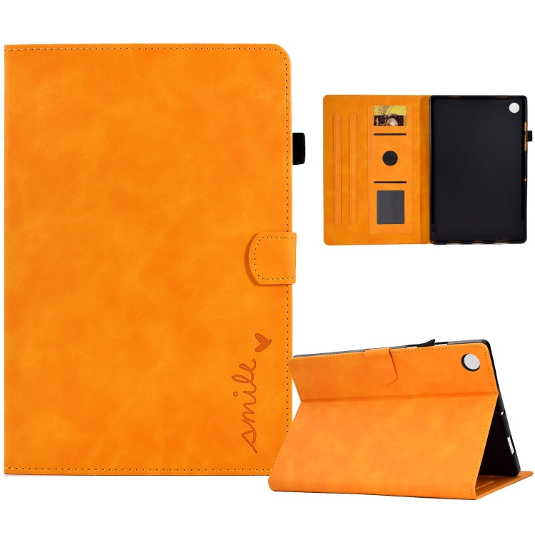 For Lenovo M10 Plus Embossed Smile Flip Tablet Leather Case(Khaki)
