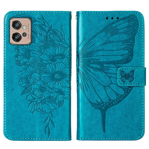 For Motorola Moto G32 Embossed Butterfly Flip Leather Phone Case(Blue)