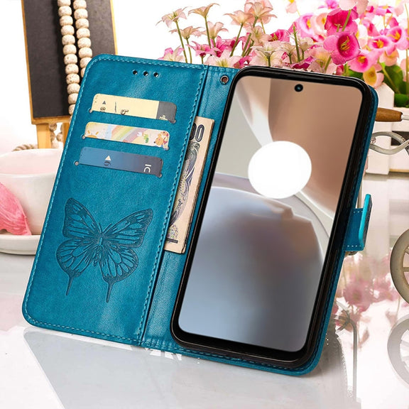 For Motorola Moto G32 Embossed Butterfly Flip Leather Phone Case(Blue)