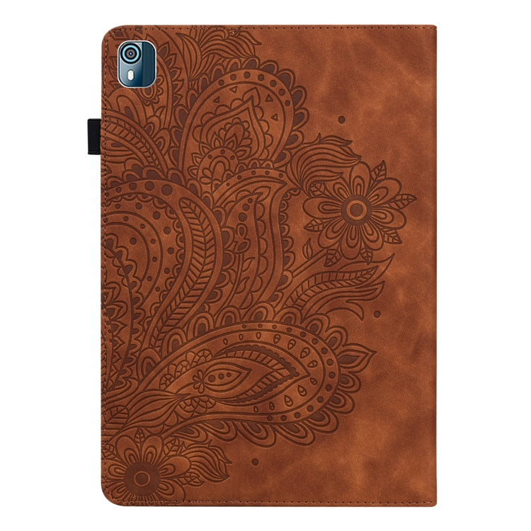 For Nokia T10 Peacock Embossed Pattern Leather Tablet Case(Brown)
