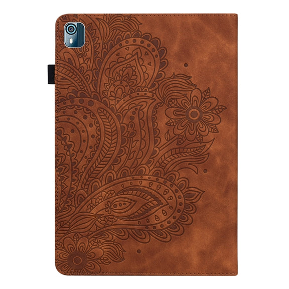 For Nokia T10 Peacock Embossed Pattern Leather Tablet Case(Brown)