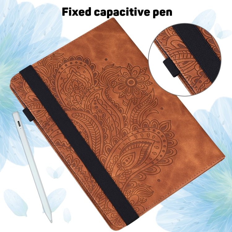 For Nokia T10 Peacock Embossed Pattern Leather Tablet Case(Brown)