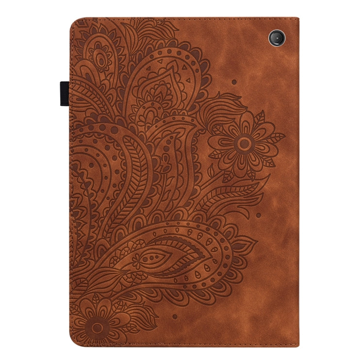 For Amazon Kindle Fire 7 2022 Peacock Embossed Pattern Leather Tablet Case(Brown)