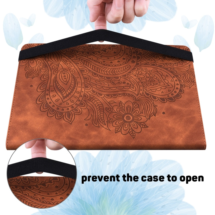 For Amazon Kindle Fire 7 2022 Peacock Embossed Pattern Leather Tablet Case(Brown)