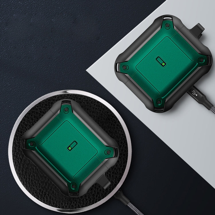 For AirPods 3 Sliding Buckle Wireless Earphone Protective Case with Hook(Black Green)