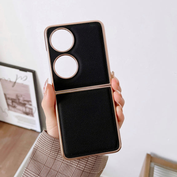 For Huawei P50 Pocket Genuine Leather Luolai Series Nano Plating Phone Case(Black)