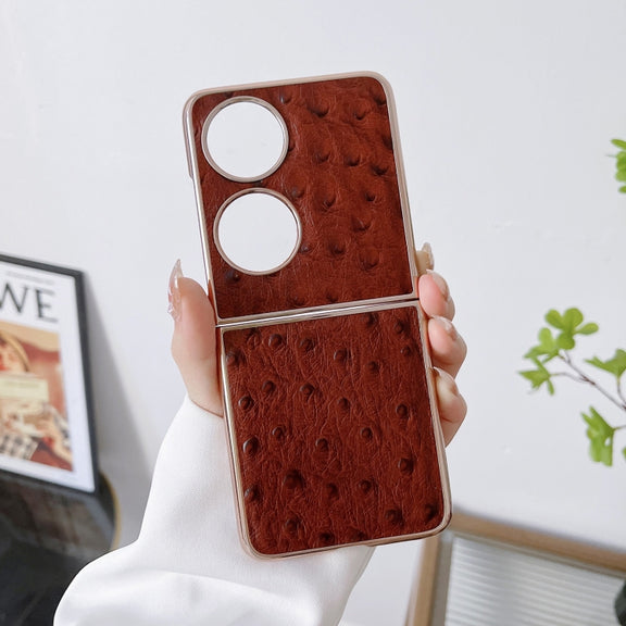For Huawei P50 Pocket Genuine Leather Ostrich Texture Nano Plating Phone Case(Coffee)