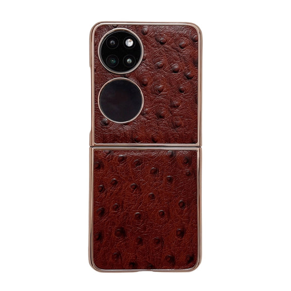 For Huawei P50 Pocket Genuine Leather Ostrich Texture Nano Plating Phone Case(Coffee)