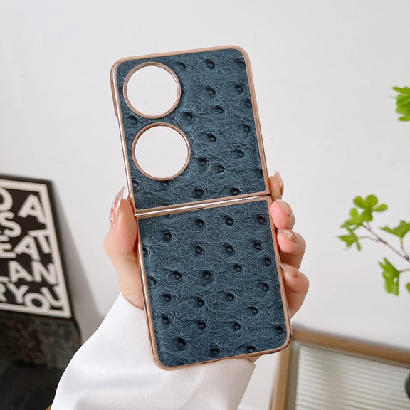 For Huawei P50 Pocket Genuine Leather Ostrich Texture Nano Plating Phone Case(Blue)