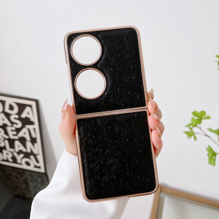 For Huawei P50 Pocket Genuine Leather Ostrich Texture Nano Plating Phone Case(Black)