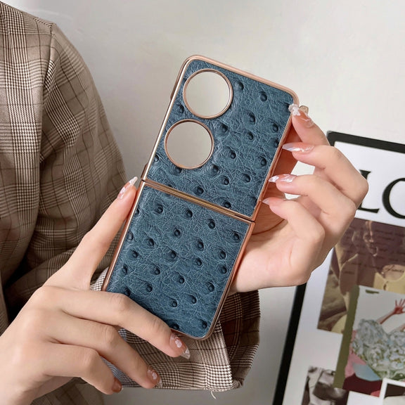 For Huawei P50 Pocket Genuine Leather Ostrich Texture Nano Plating Phone Case(Blue)