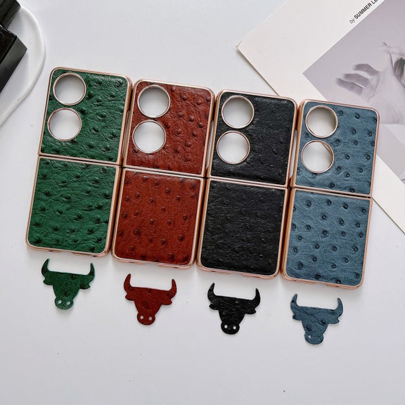 For Huawei P50 Pocket Genuine Leather Ostrich Texture Nano Plating Phone Case(Blue)