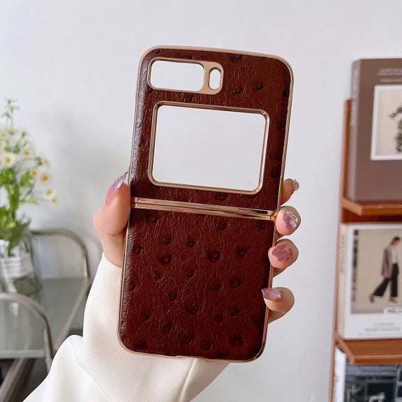 For Motorola Moto Razr 2022 Genuine Leather Ostrich Texture Nano Plating Phone Case(Coffee)