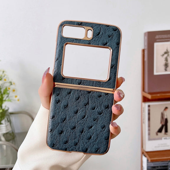 For Motorola Moto Razr 2022 Genuine Leather Ostrich Texture Nano Plating Phone Case(Blue)