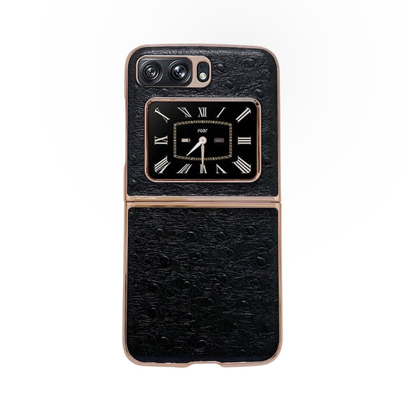 For Motorola Moto Razr 2022 Genuine Leather Ostrich Texture Nano Plating Phone Case(Black)