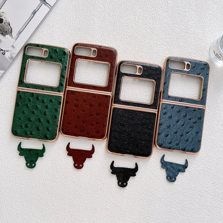 For Motorola Moto Razr 2022 Genuine Leather Ostrich Texture Nano Plating Phone Case(Coffee)