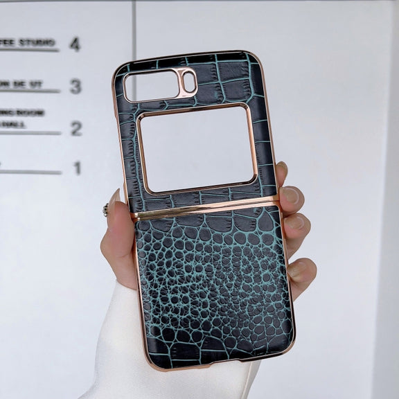 For Motorola Moto Razr 2022 Crocodile Texture Genuine Leather Nano Electroplating Phone Case(Dark Green)