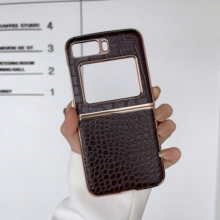 For Motorola Moto Razr 2022 Crocodile Texture Genuine Leather Nano Electroplating Phone Case(Coffee)