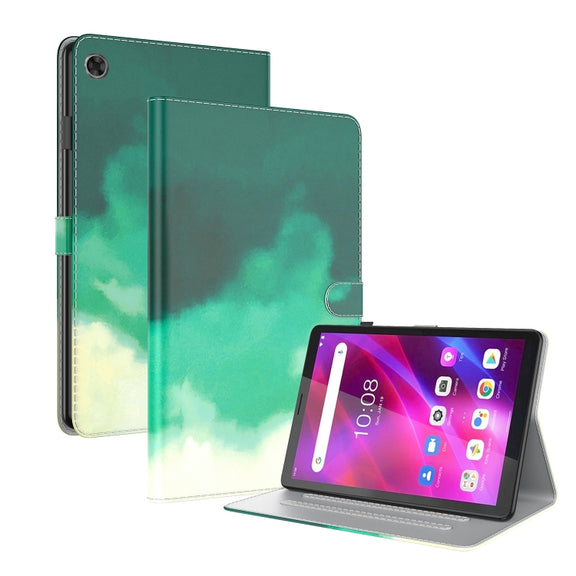 For Lenovo Tab M7 3rd Gen Watercolor Pattern Flip Leather Tablet Case(Cyan Green)