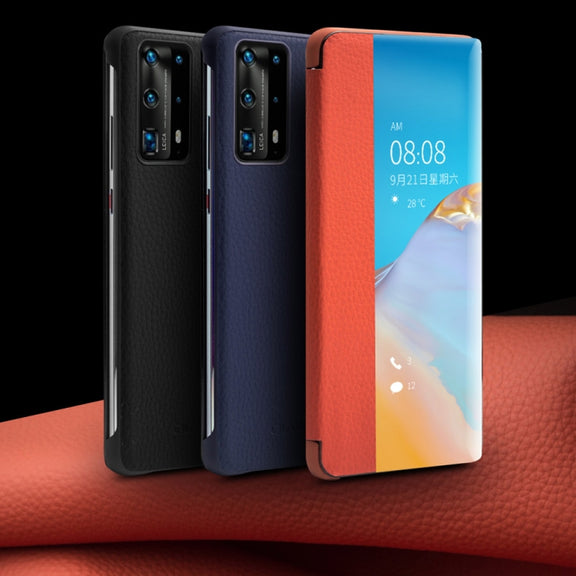 For Huawei P40 QIALINO Litchi Texture Side Window View Leather Phone Case(Black)