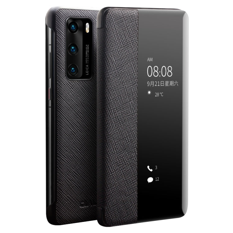 For Huawei P40 QIALINO Puda Texture Side Window View Leather Phone Case(Black)