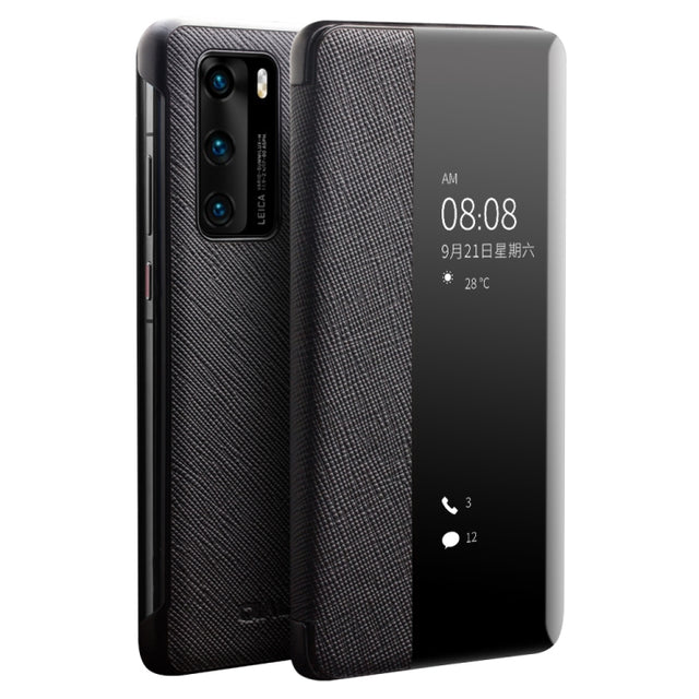 For Huawei P40 QIALINO Puda Texture Side Window View Leather Phone Case(Black)