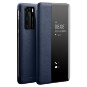 For Huawei P40 QIALINO Puda Texture Side Window View Leather Phone Case(Blue)