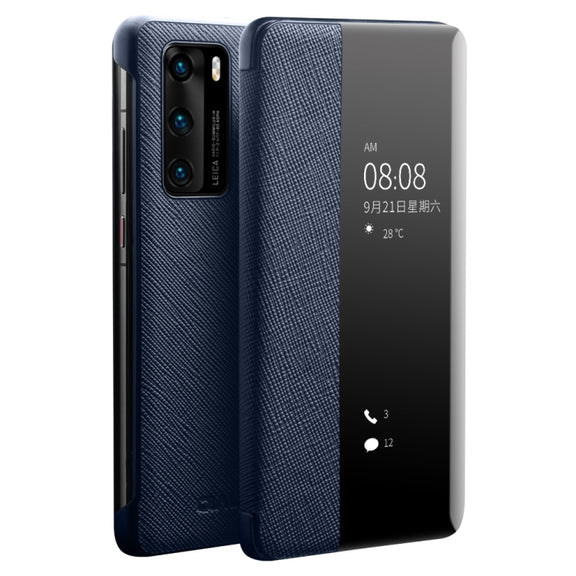 For Huawei P40 QIALINO Puda Texture Side Window View Leather Phone Case(Blue)