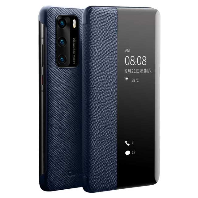 For Huawei P40 QIALINO Puda Texture Side Window View Leather Phone Case(Blue)