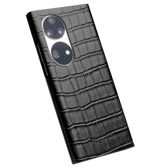 For Huawei P50 QIALINO Crocodile Pattern Side Window View Genuine Leather Phone Case(Black)
