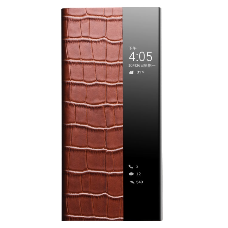 For Huawei P50 QIALINO Crocodile Pattern Side Window View Genuine Leather Phone Case(Brown)