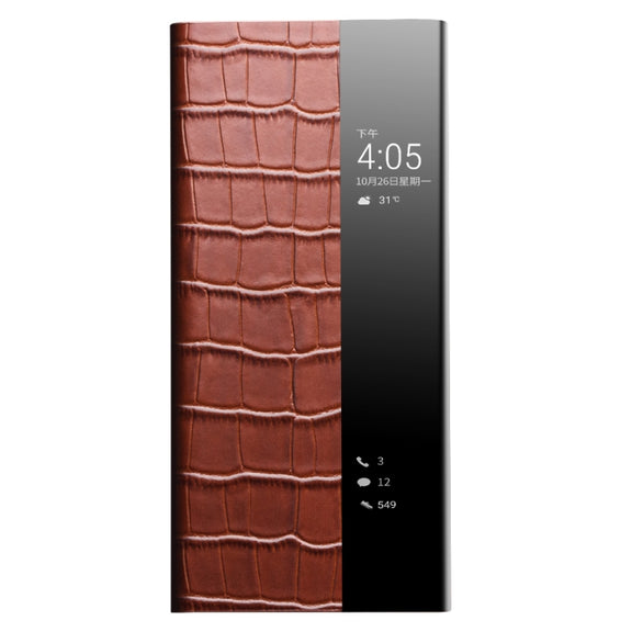 For Huawei P50 QIALINO Crocodile Pattern Side Window View Genuine Leather Phone Case(Brown)